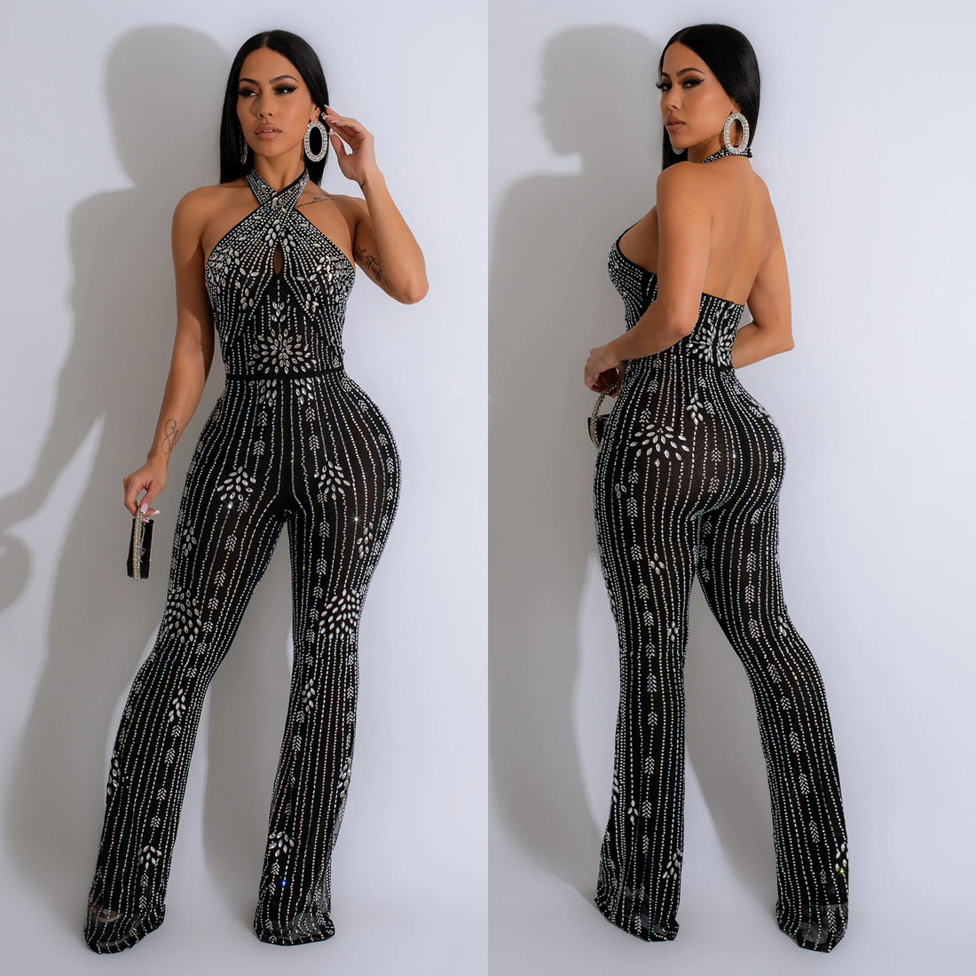 Solid color rhinestone sleeveless jumpsuit