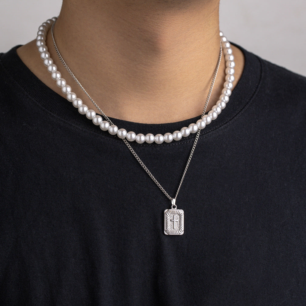 Collana da uomo con pendente di perle a doppio strato in acciaio inossidabile alla moda - Ame Morena