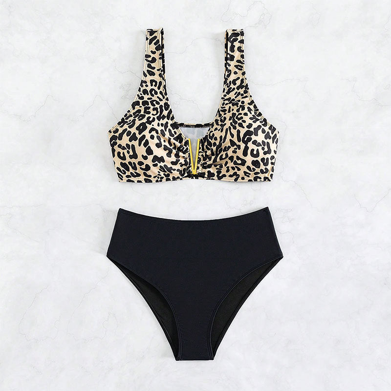 Costume da bagno bikini a vita alta con scollo a V con stampa leopardata per donna - Ame Morena