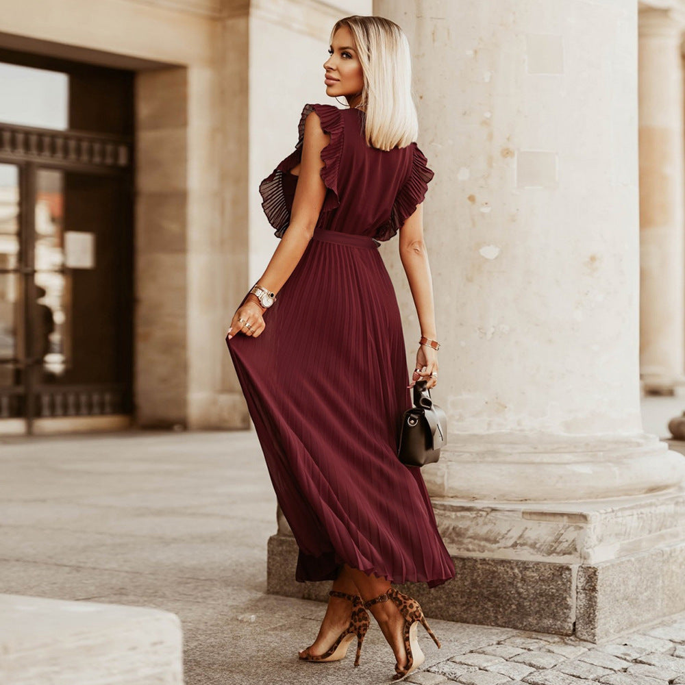 Solid color chiffon dress with ruffled sleeves