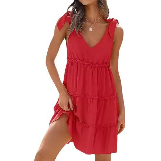 Women's sleeveless V-neck flounced dress