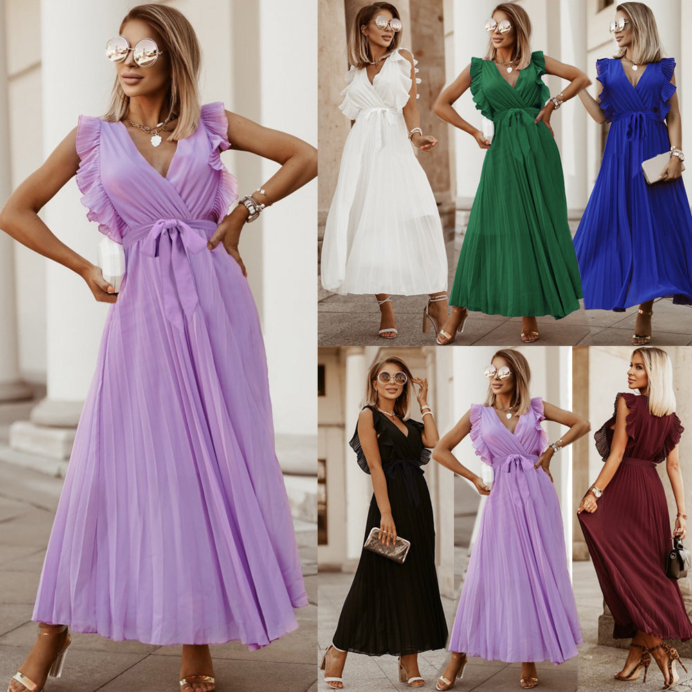 Solid color chiffon dress with ruffled sleeves