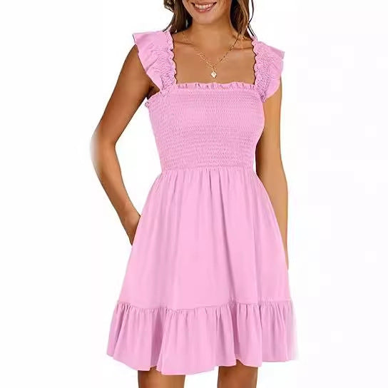 Short pleated dress with square collar for women