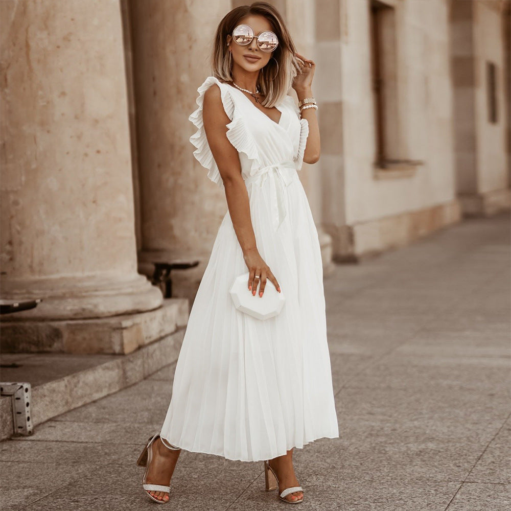 Solid color chiffon dress with ruffled sleeves