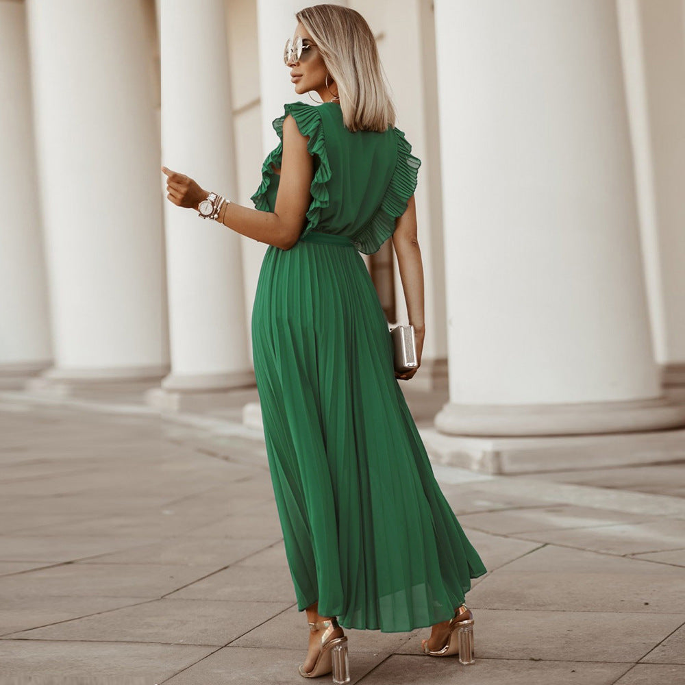 Solid color chiffon dress with ruffled sleeves