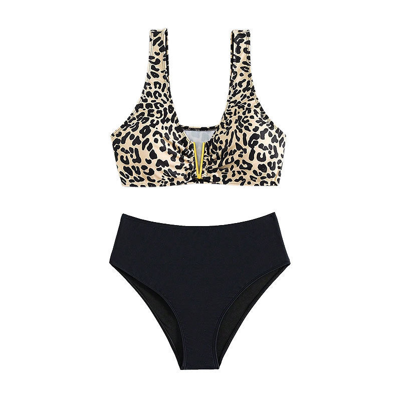 Costume da bagno bikini a vita alta con scollo a V con stampa leopardata per donna - Ame Morena