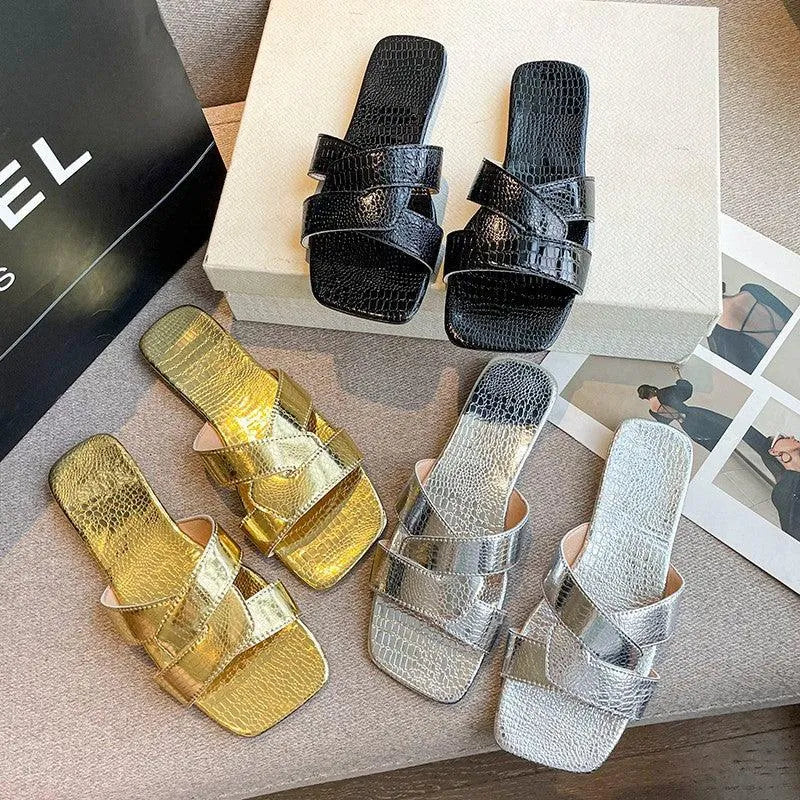 Pantofole piatte stile romano da donna con cinturino incrociato e punta aperta - Ame Morena