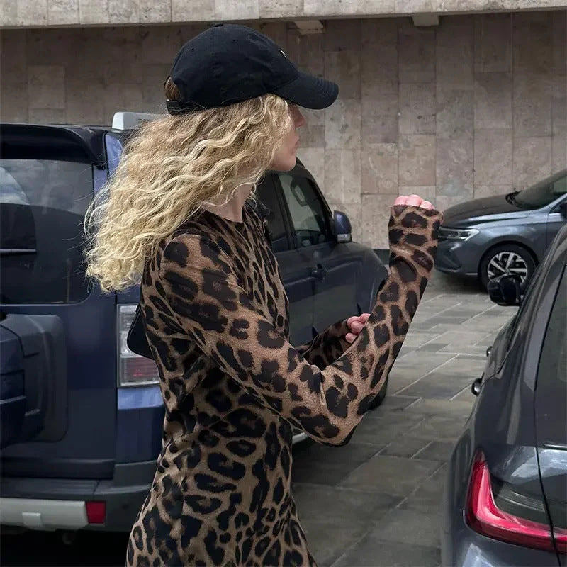 Long Sleeve Leopard Print Street Dress