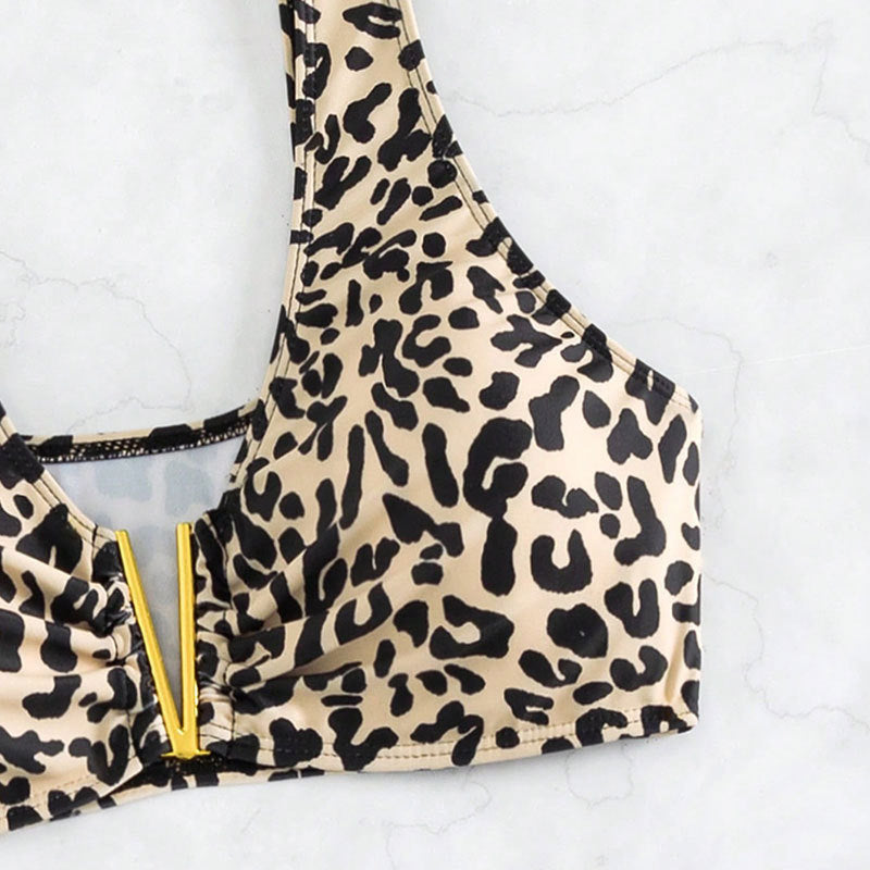 Costume da bagno bikini a vita alta con scollo a V con stampa leopardata per donna - Ame Morena
