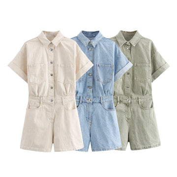 Tuta in denim a maniche corte multicolore con risvolto