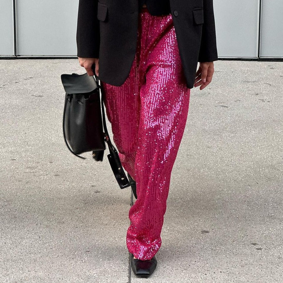 Pantaloni larghi con paillettes – Vita alta e colori brillanti