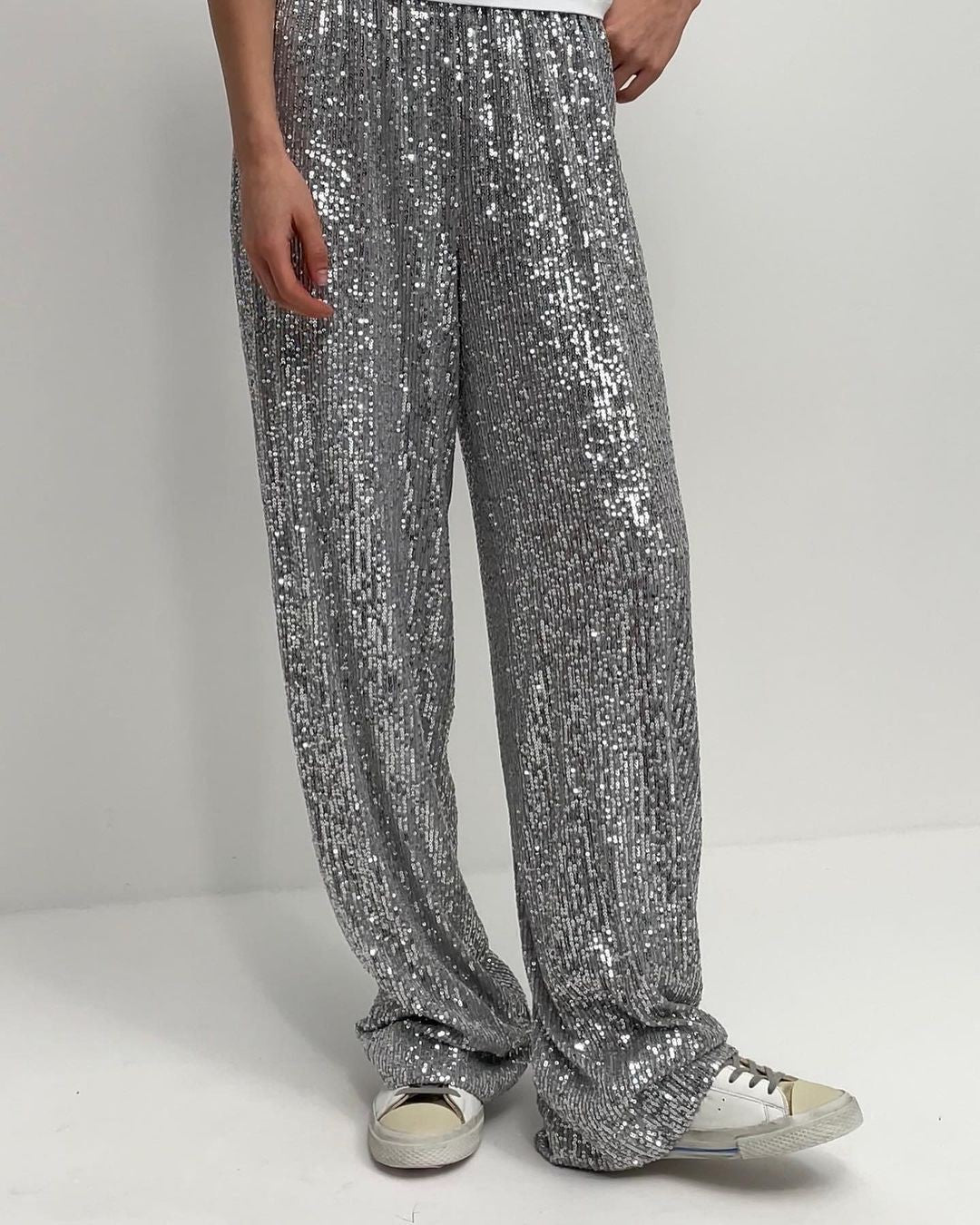 Pantaloni larghi con paillettes – Vita alta e colori brillanti