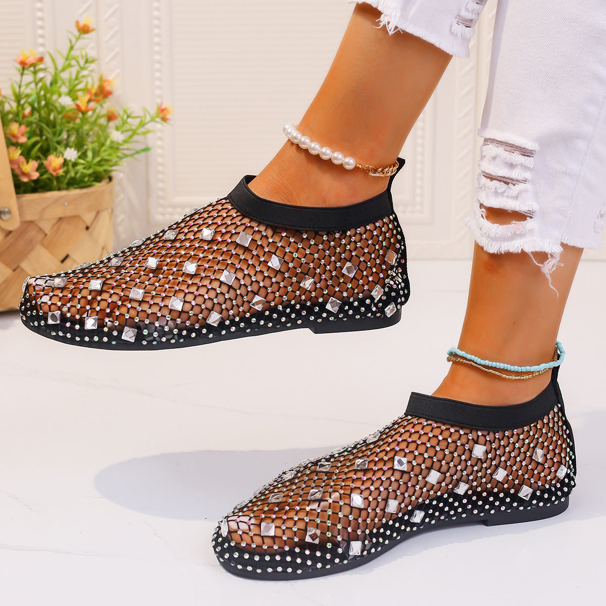 Flat mesh sandals with rhinestone design