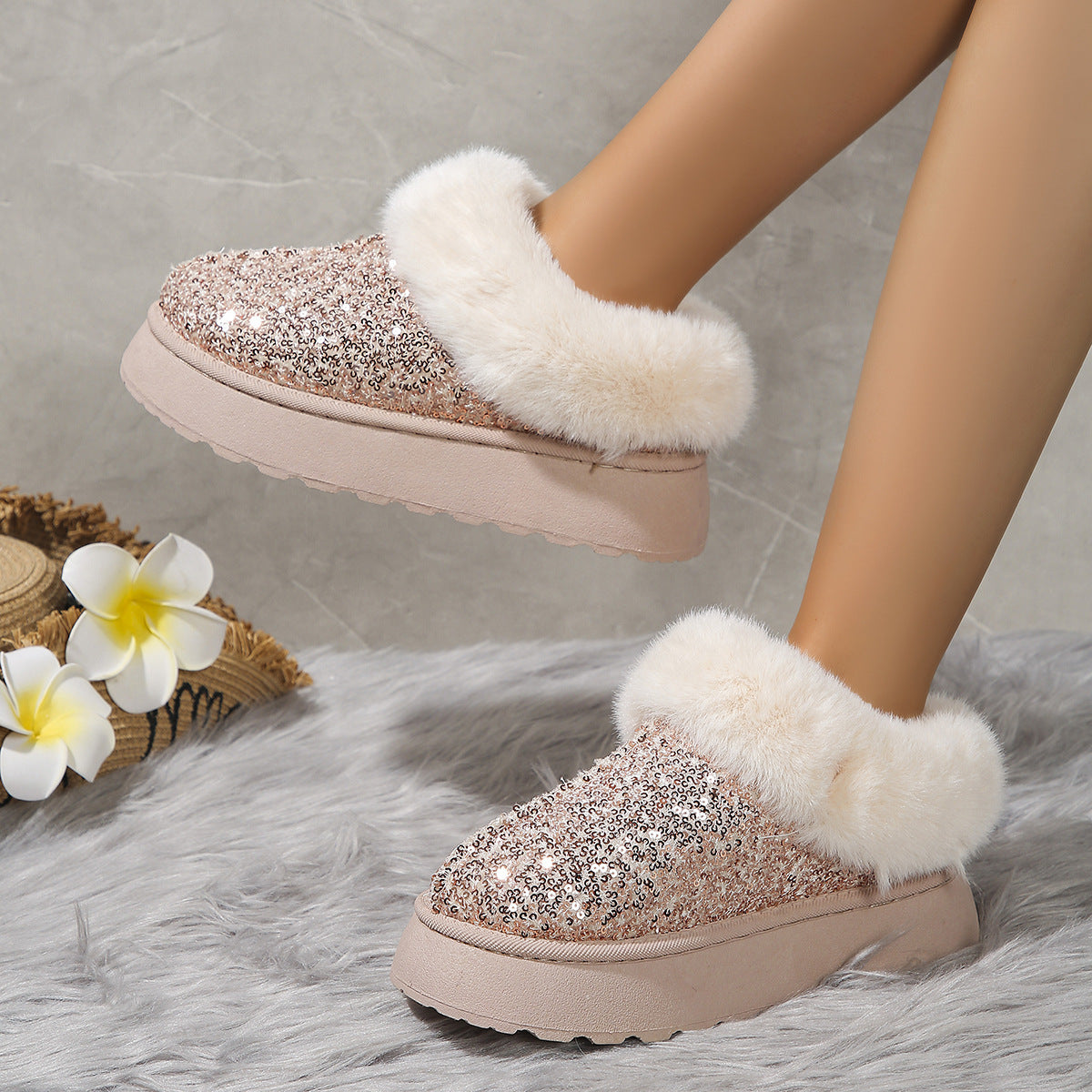 Scarpe in peluche con suola spessa con paillettes