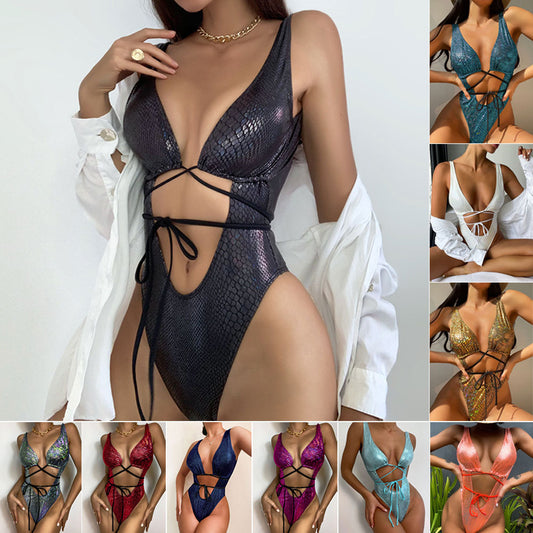One-piece swimsuit with straps and laces