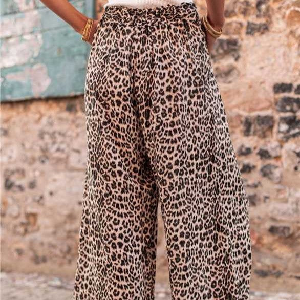 Pantaloni a gamba larga con tasca stampa leopardata