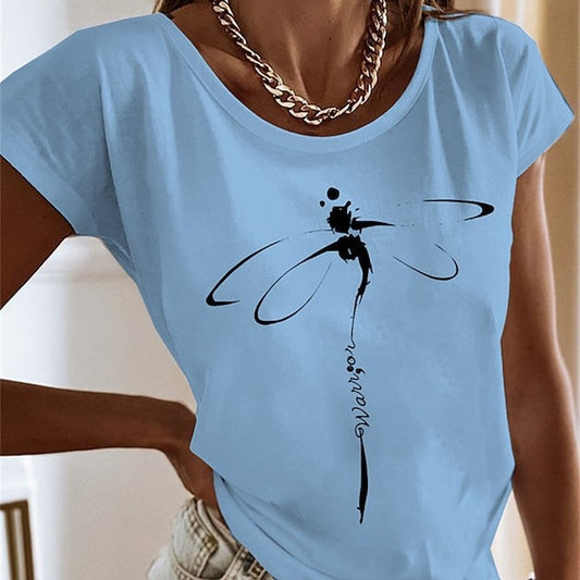 T-shirt da donna a maniche corte Bamboo Dragonfly stampa 3D - Ame Morena