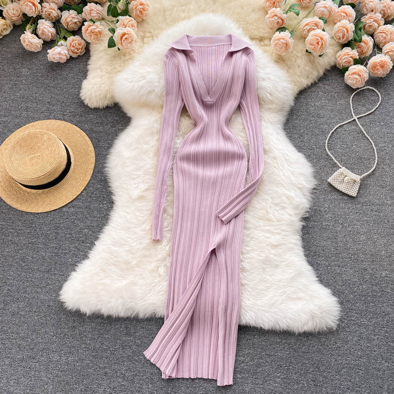 Stretch knit dress with long sleeves