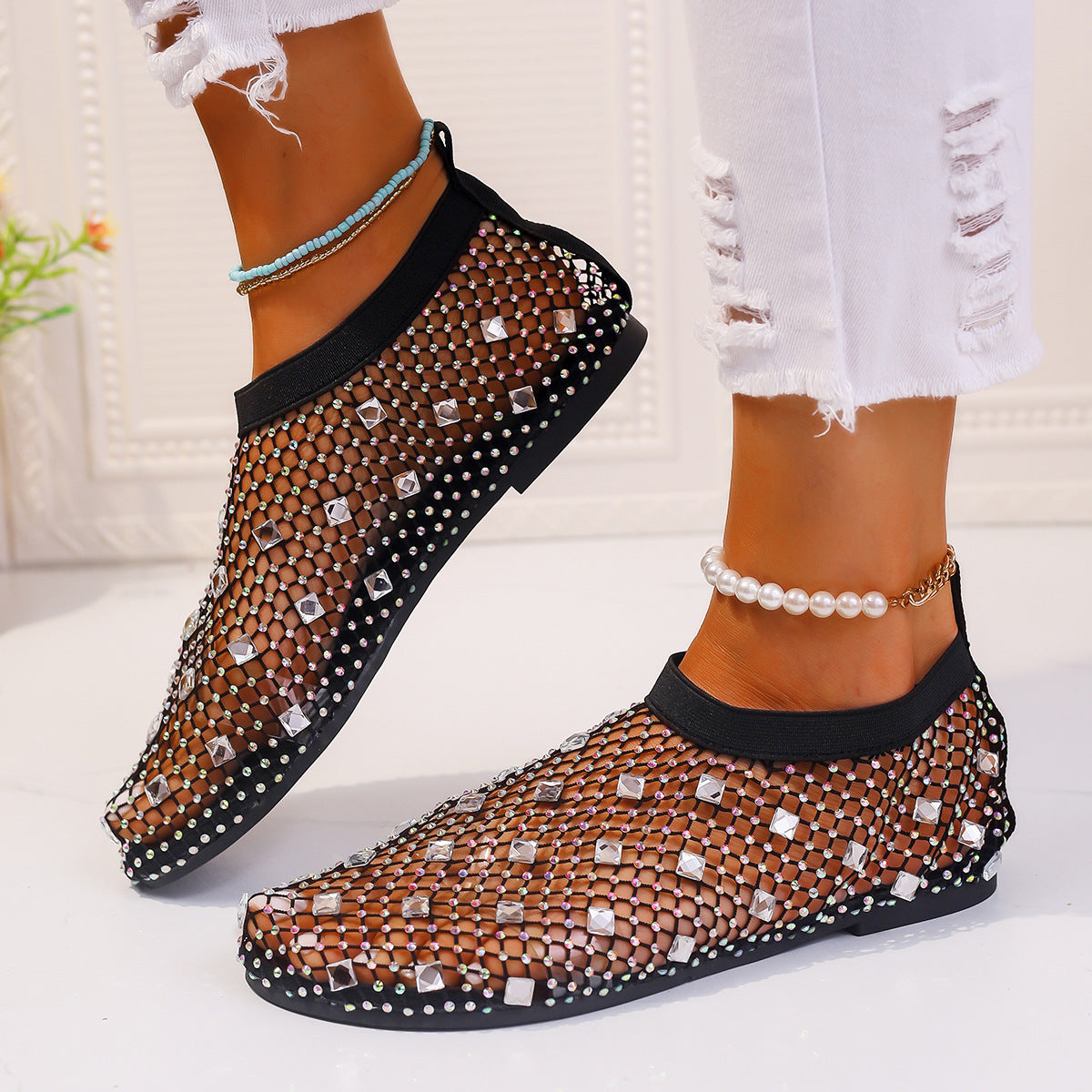 Flat mesh sandals with rhinestone design