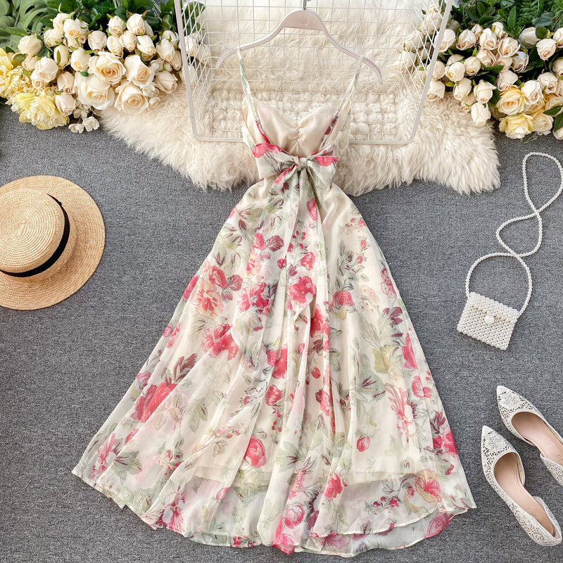 Printed dress with long skirt and tie