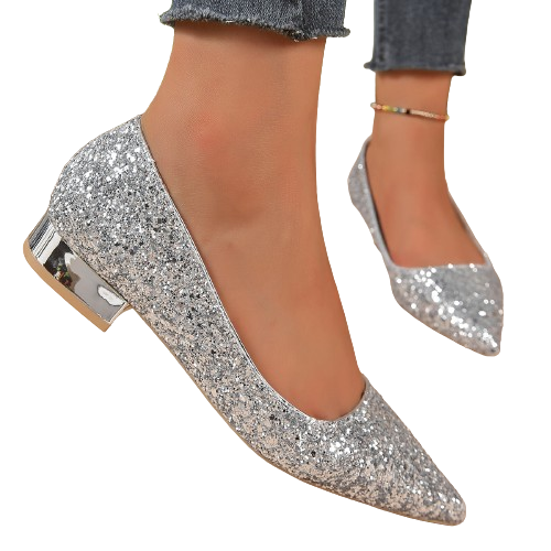 Scarpe con tacco basso con paillettes in cristallo da donna