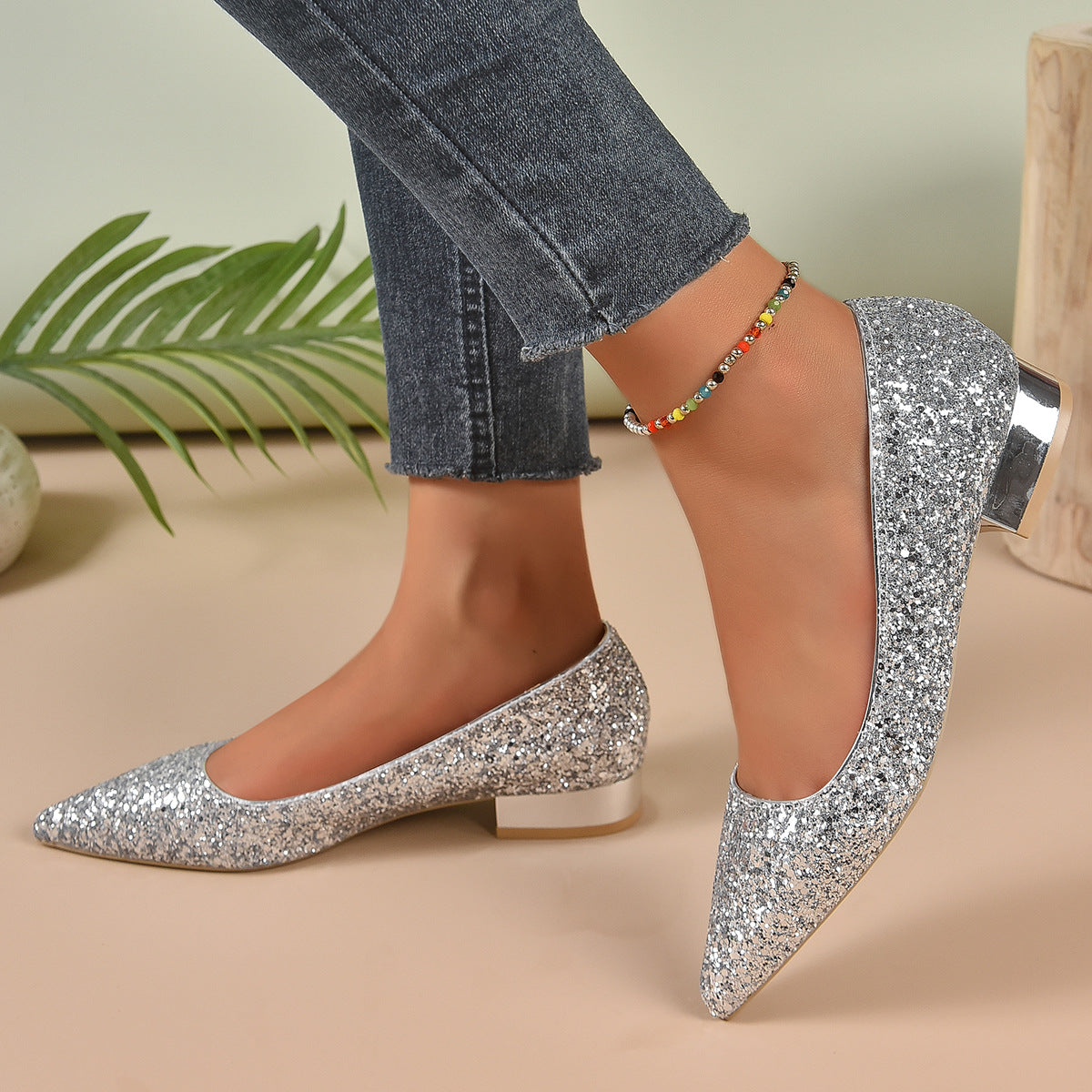 Scarpe con tacco basso con paillettes in cristallo da donna - Ame Morena