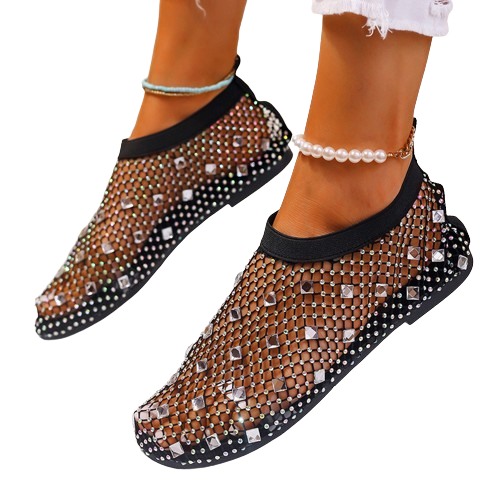 Flat mesh sandals with rhinestone design