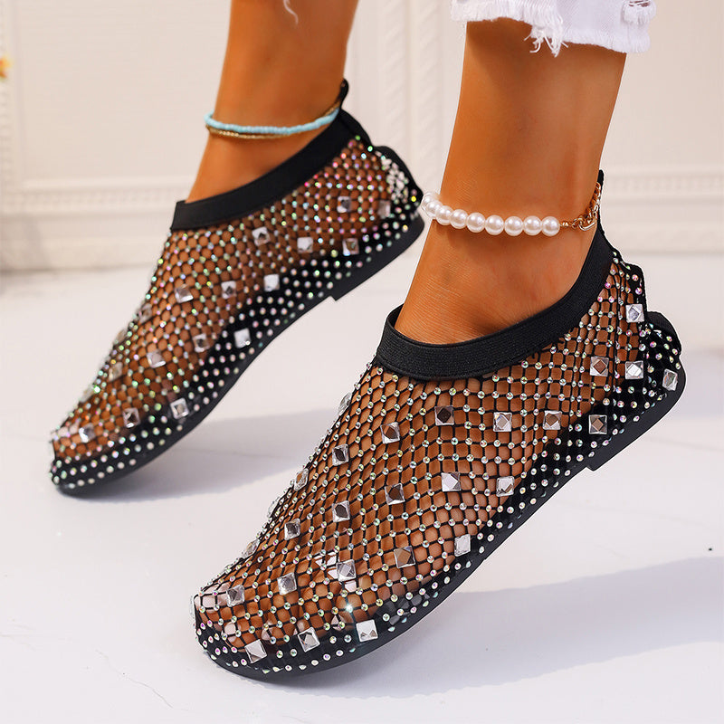 Flat mesh sandals with rhinestone design