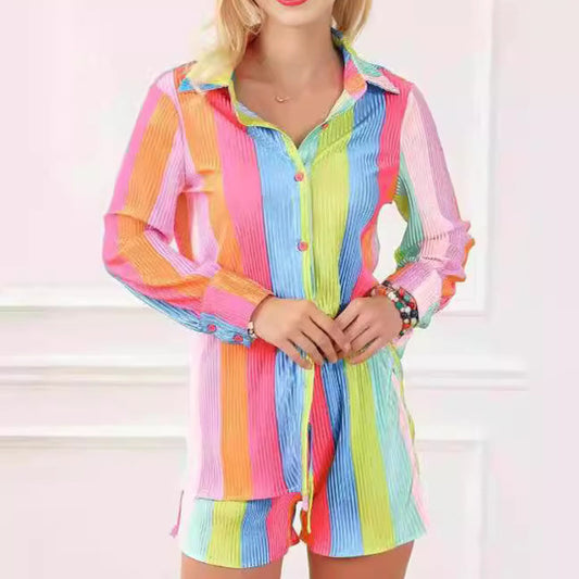 Loose lapel dress with long sleeves and shorts