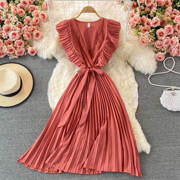 Pleated dress with V-neck