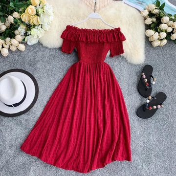 Off-the-shoulder short-sleeved pleated waist dress