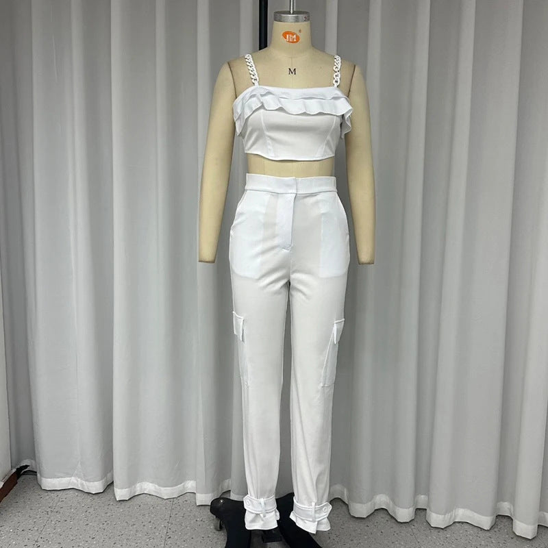 Women's Solid Color Square Collar High Waisted Ankle Halter Pants Suit