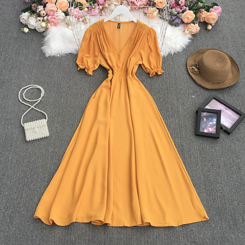 Women's V-Neck Puff Sleeve Dress