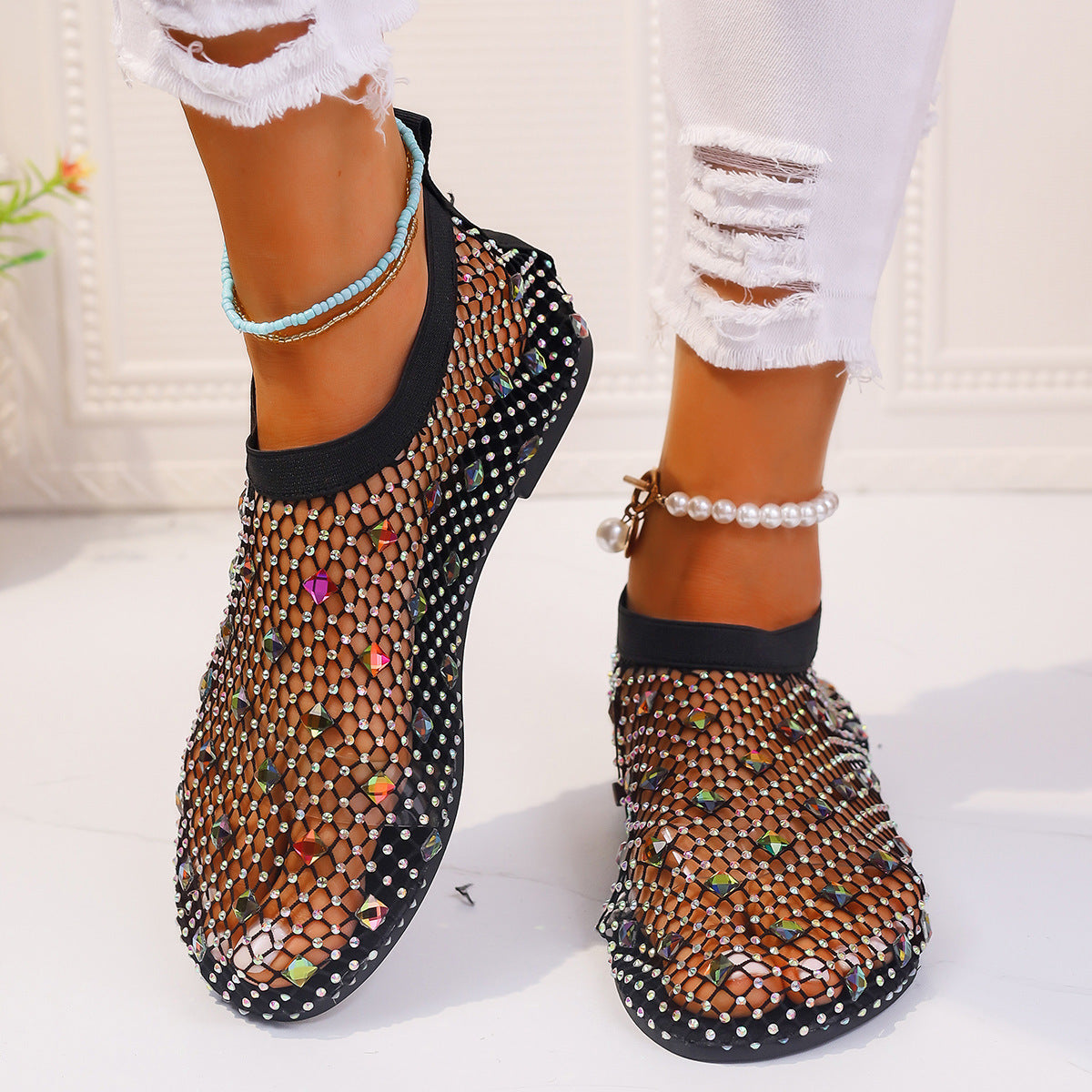 Flat mesh sandals with rhinestone design