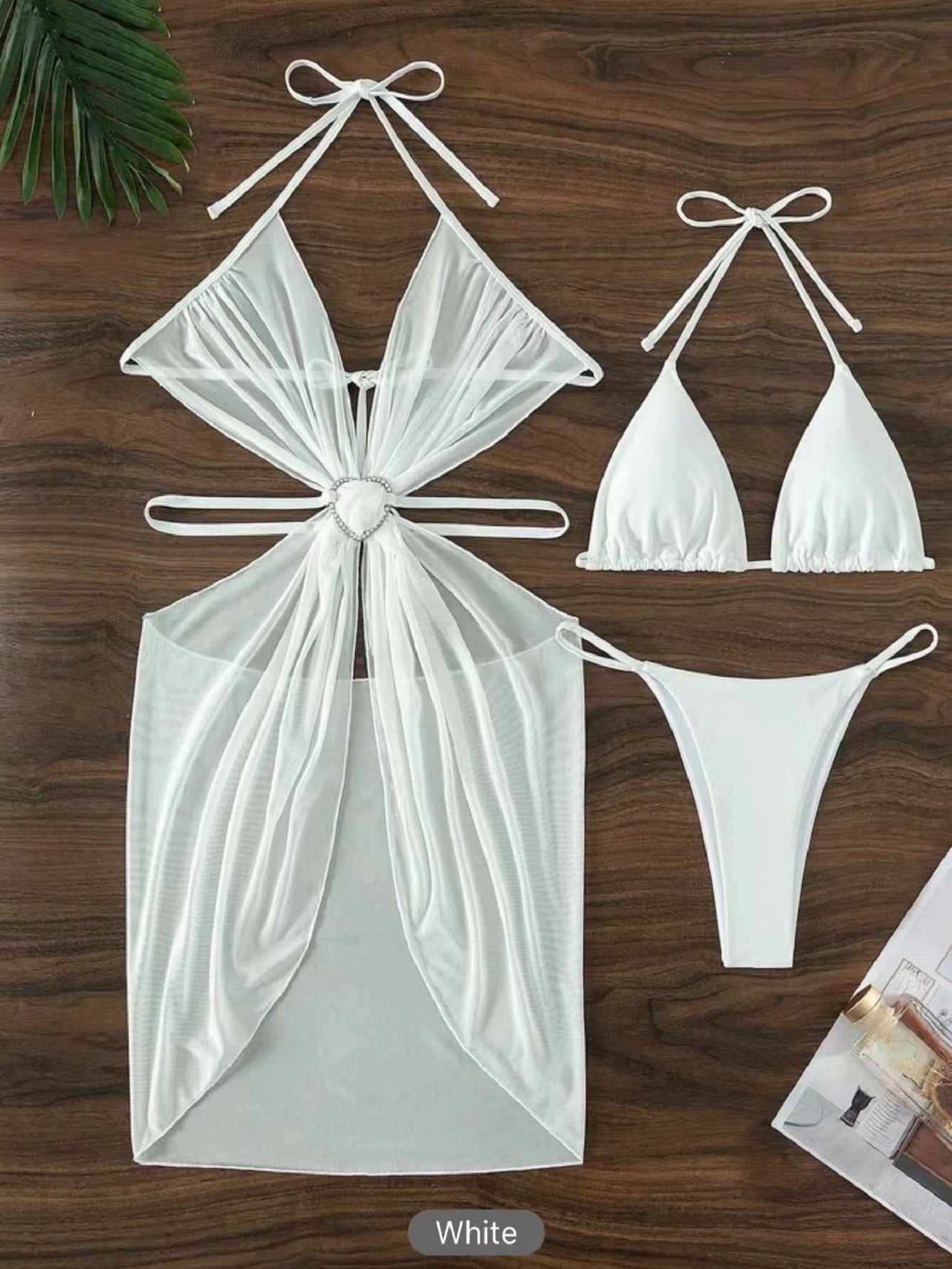 Costume da bagno bikini a tre pezzi diviso in tinta unita da donna