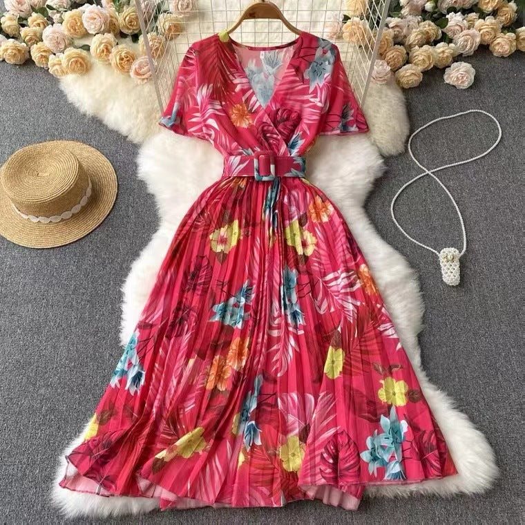 Women's Floral V-Neck Tied Waist Pleated Dress