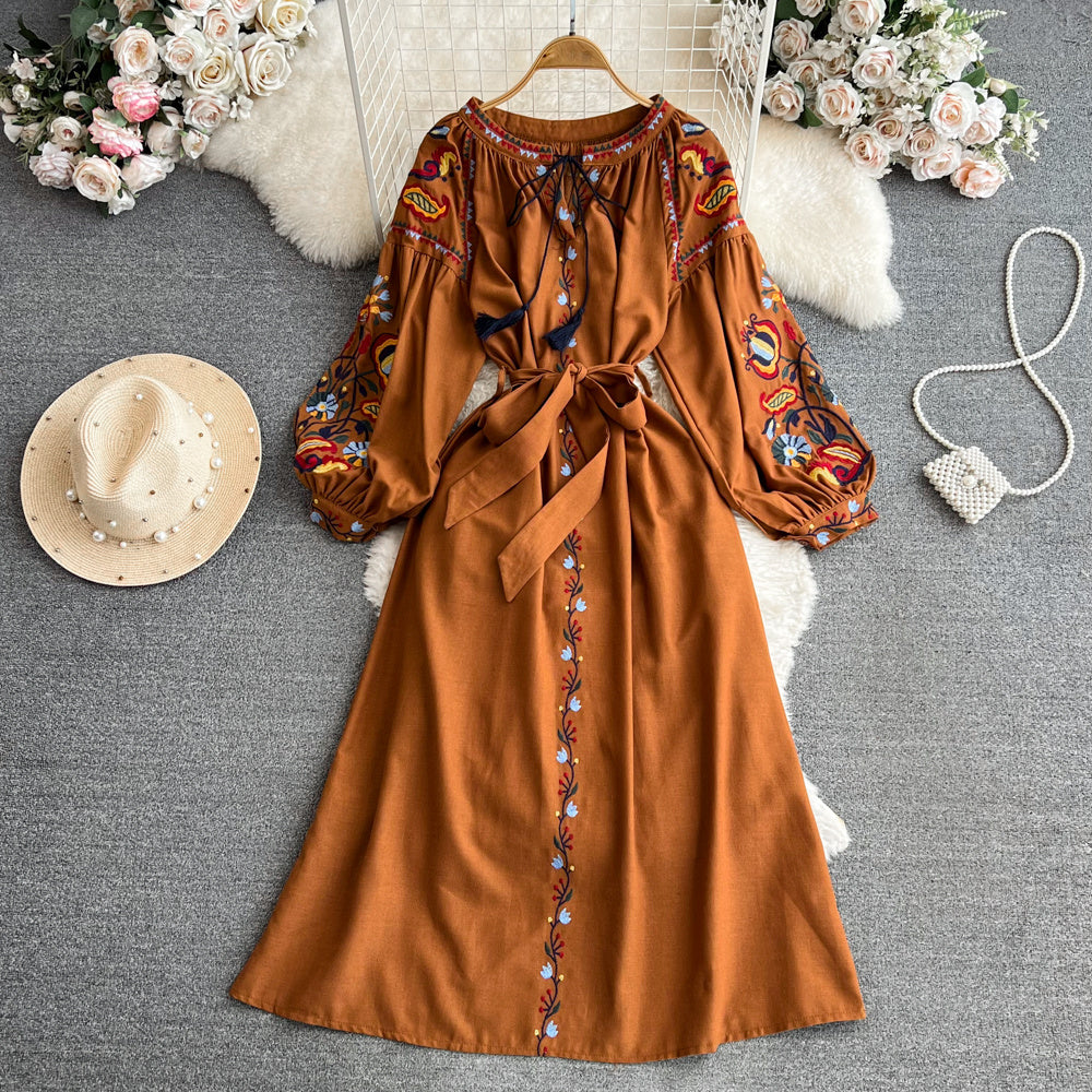 Embroidered crew-neck dress with long sleeves